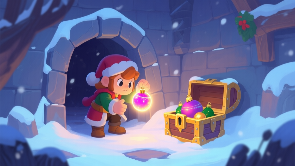 A festive and magical video game scene showing a character finding a hidden glowing Christmas ornament inside a snowy dungeon, with a treasure chest nearby, soft winter color palette, digital painting style high quality illustration, detailed, 16:9