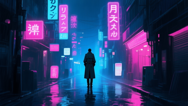 自动生成图片: A moody, rain-slicked cyberpunk city street at night, dominated by glowing neon signs in Japanese and Chinese characters, with a lone figure in a trench coat silhouetted against the vibrant blues and pinks, cinematic lighting, digital painting style high quality illustration, detailed, 16:9