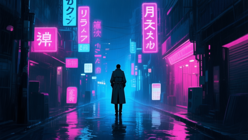 A moody, rain-slicked cyberpunk city street at night, dominated by glowing neon signs in Japanese and Chinese characters, with a lone figure in a trench coat silhouetted against the vibrant blues and pinks, cinematic lighting, digital painting style high quality illustration, detailed, 16:9