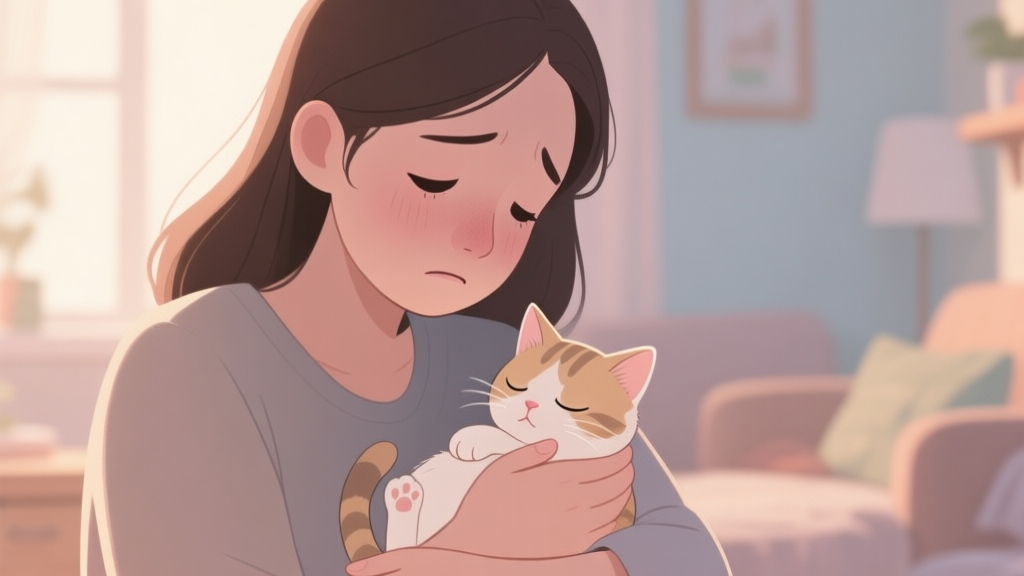 A concerned person gently holding a tiny, sleepy kitten, looking at it with care, soft natural lighting, warm and cozy home background, muted pastel colors high quality illustration, detailed, 16:9
