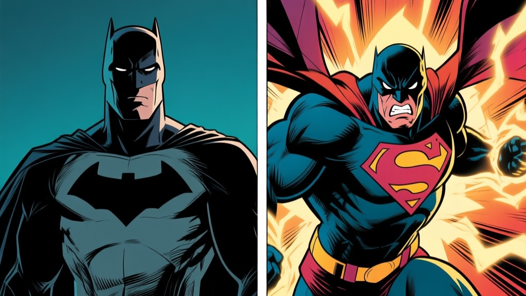 Split image showing a calm, composed superhero on the left versus a dynamic, angry superhero unleashing power on the right, comic book style with bold lines, dark and vibrant color contrast, emotional facial expressions high quality illustration, detailed, 16:9