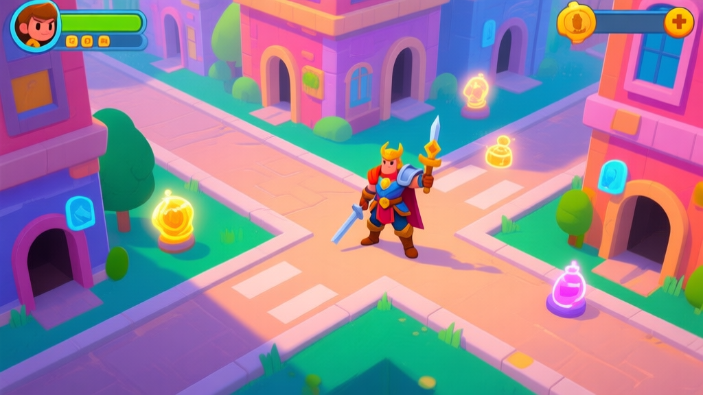 A vibrant, stylized game scene showing a heroic character standing at a crossroads in a colorful city, with multiple hidden paths and glowing items subtly visible in the background, cartoonish and inviting style high quality illustration, detailed, 16:9