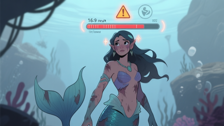 自动生成图片: A distressed mermaid character in a digital game environment, with a low health bar and warning symbols above her head, soft glow effect, muted blues and greys, illustrative game art style high quality illustration, detailed, 16:9
