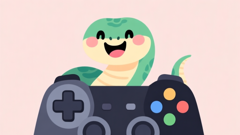 自动生成图片: A cheerful, stylized cartoon snake with a happy expression, peeking out from behind a game controller on a soft pastel background, minimalist digital art style high quality illustration, detailed, 16:9