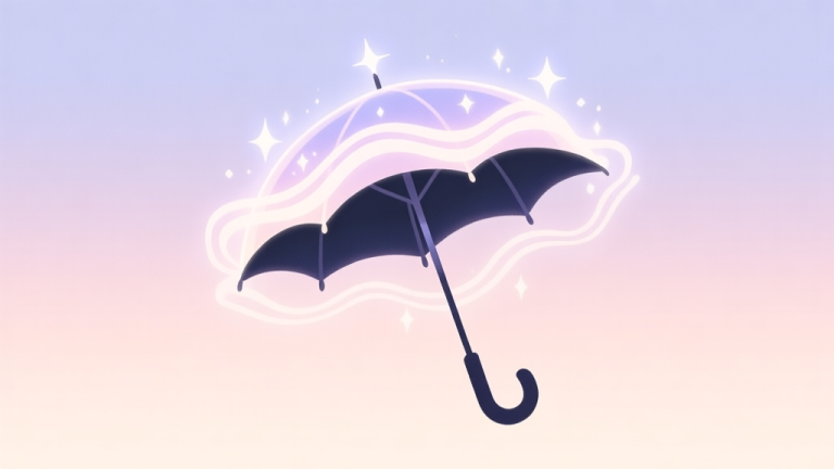 自动生成图片: A stylized, minimalist illustration of a magical umbrella radiating soft healing waves and protective sparkles, against a pastel gradient background, clean lines, fantasy game concept art style high quality illustration, detailed, 16:9