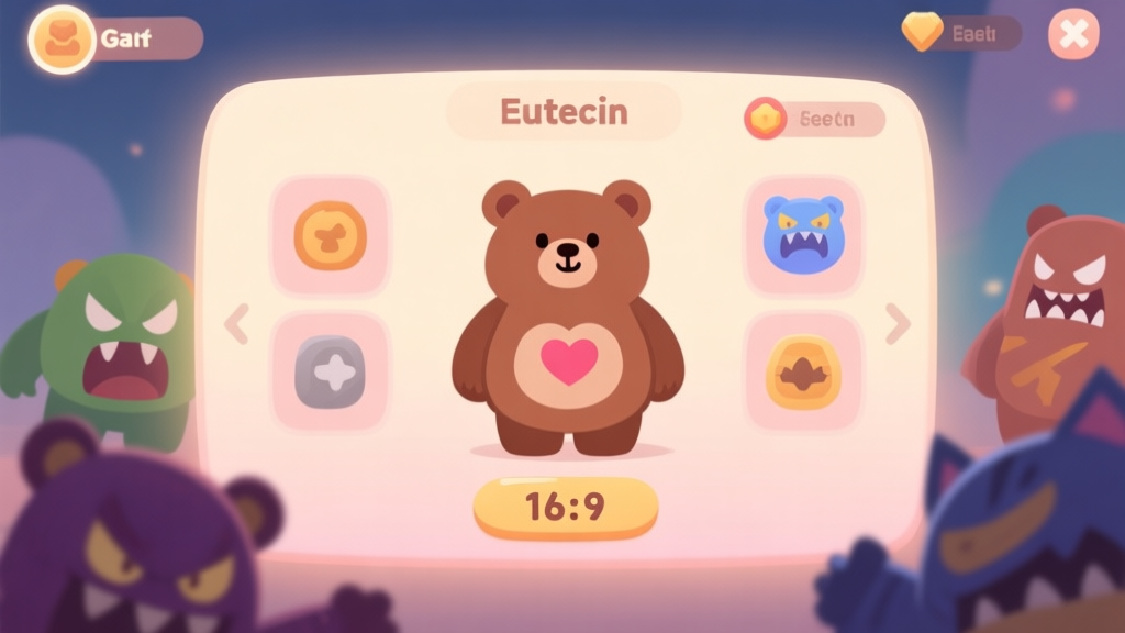 A cozy, inviting game character selection screen featuring a cute, chubby bear character with a heart on its chest, placed among more aggressive-looking options. Soft pastel color palette, warm lighting, minimalist UI design high quality illustration, detailed, 16:9