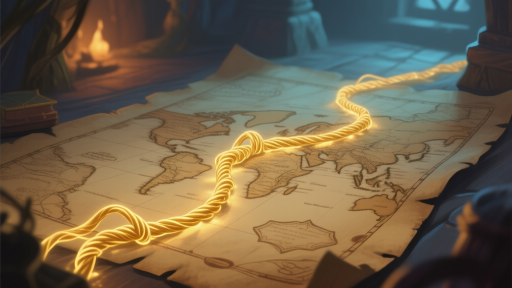 A mysterious and inviting game scene showing a partially unraveled golden thread or glowing path on an old parchment map, soft ambient lighting, warm and cool muted tones, digital painting style with a sense of discovery high quality illustration, detailed, 16:9