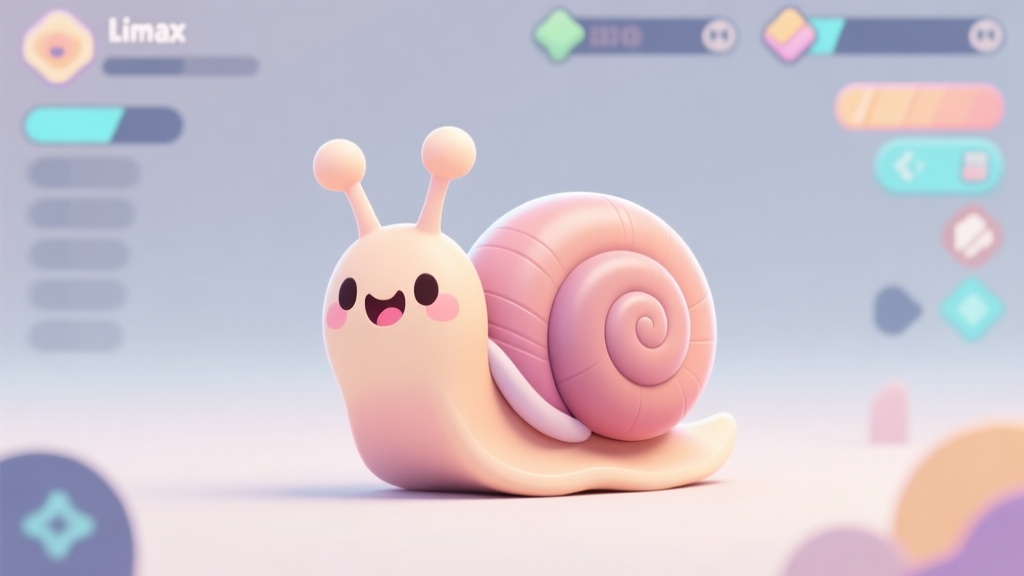 A stylized, cute snail character (limax) with a playful expression, rendered in soft pastel game art style, set against a minimalist background of abstract game UI elements high quality illustration, detailed, 16:9