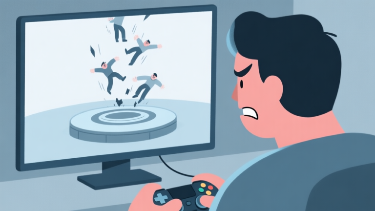 自动生成图片: A frustrated gamer looking at a screen showing a character repeatedly falling from a rotating circular platform, soft muted colors of blue and grey, minimalist illustration style, conveying a sense of struggle and puzzle high quality illustration, detailed, 16:9