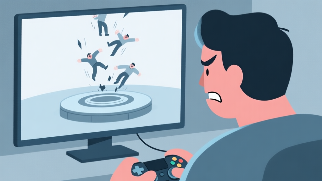 A frustrated gamer looking at a screen showing a character repeatedly falling from a rotating circular platform, soft muted colors of blue and grey, minimalist illustration style, conveying a sense of struggle and puzzle high quality illustration, detailed, 16:9
