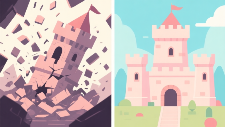 自动生成图片: A split-screen illustration showing a chaotic, collapsing fortress on one side and a well-organized, sturdy fortress on the other, using soft pastel colors and clean lines, minimalist game design style high quality illustration, detailed, 16:9