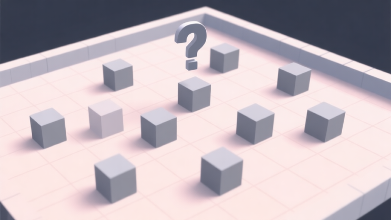 自动生成图片: A top-down view of a minimalist game level with ten grey cubes scattered on a grid, soft pastel lighting, a question mark hovering above, clean and abstract video game puzzle aesthetic high quality illustration, detailed, 16:9