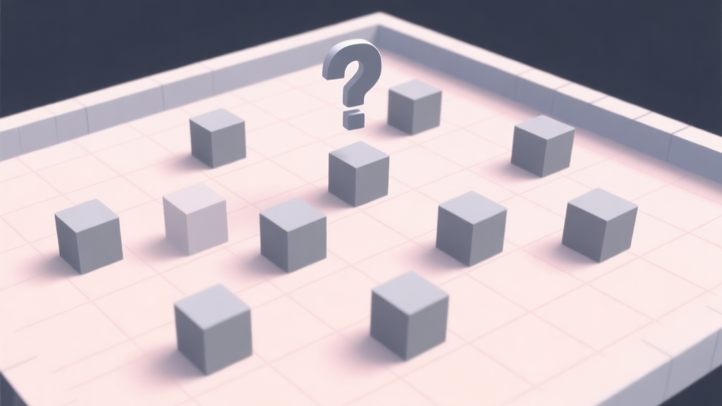 A top-down view of a minimalist game level with ten grey cubes scattered on a grid, soft pastel lighting, a question mark hovering above, clean and abstract video game puzzle aesthetic high quality illustration, detailed, 16:9