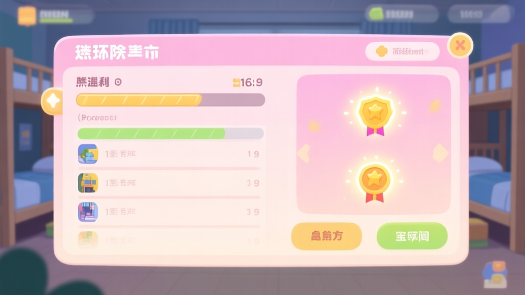 A cozy, inviting game UI screen showing a dormitory event interface with progress bars, mission lists, and glowing reward icons, soft pastel color palette, clean and friendly digital illustration style high quality illustration, detailed, 16:9