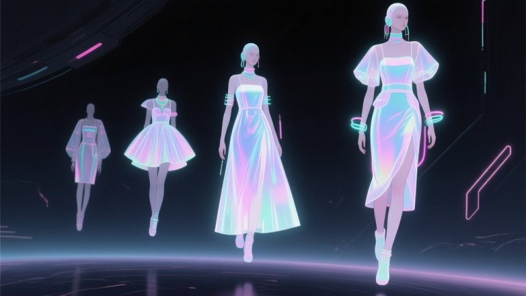 自动生成图片: A futuristic digital fashion showcase with holographic dresses and neon accessories floating in a dark cyberspace, soft glow effects, minimalist composition, pastel cyberpunk color palette high quality illustration, detailed, 16:9