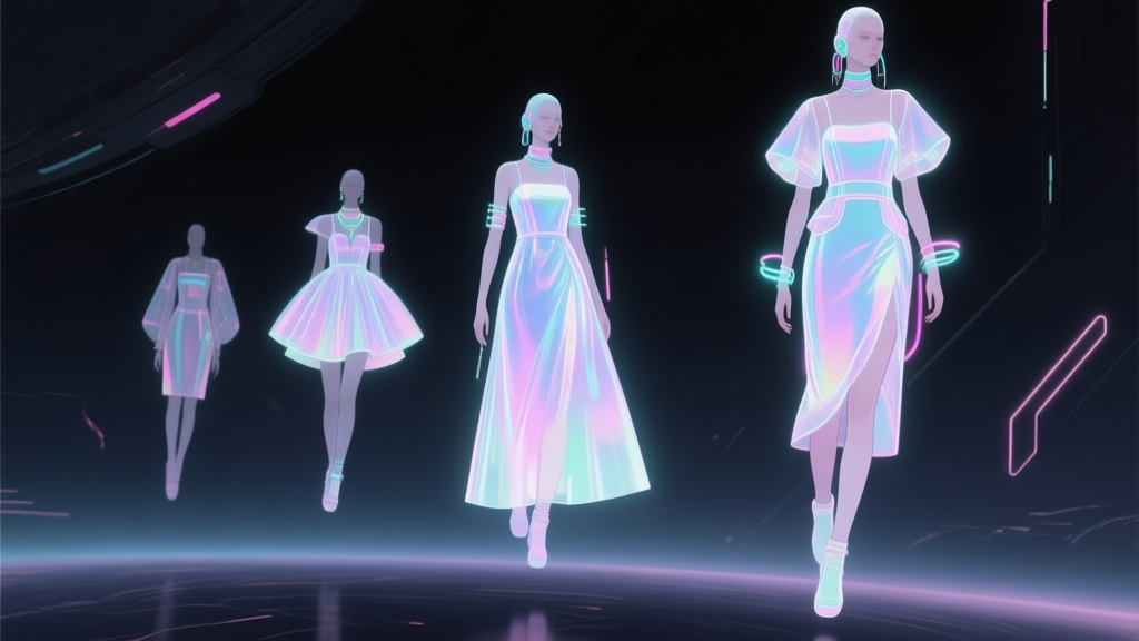 A futuristic digital fashion showcase with holographic dresses and neon accessories floating in a dark cyberspace, soft glow effects, minimalist composition, pastel cyberpunk color palette high quality illustration, detailed, 16:9