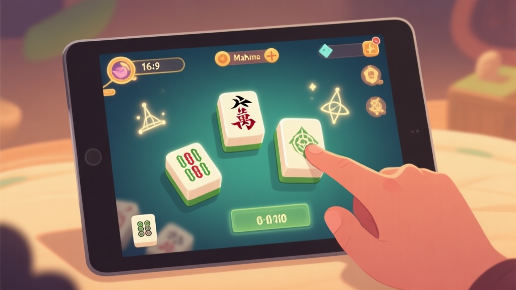 A calm, inviting game interface on a tablet screen, showing stylized Mahjong tiles with alchemical symbols, soft glowing effects, a hand gently pointing at a tile, warm and muted color palette, cozy gaming atmosphere high quality illustration, detailed, 16:9