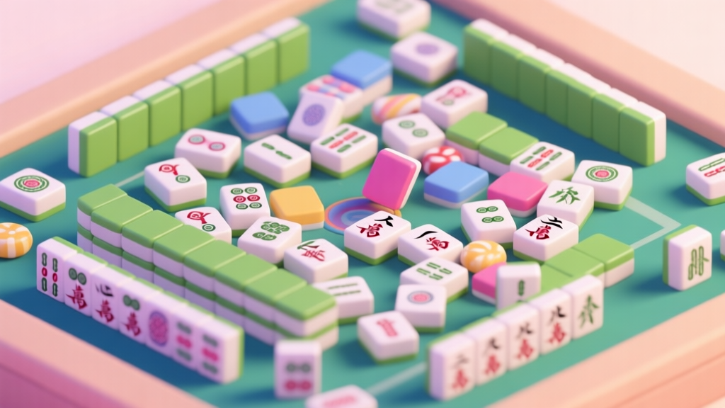 A top-down view of a chaotic Candy Mahjongg game board with many colorful tiles, some tiles are slightly highlighted to show they are blocking others, soft pastel lighting, isometric view, clean game illustration style high quality illustration, detailed, 16:9