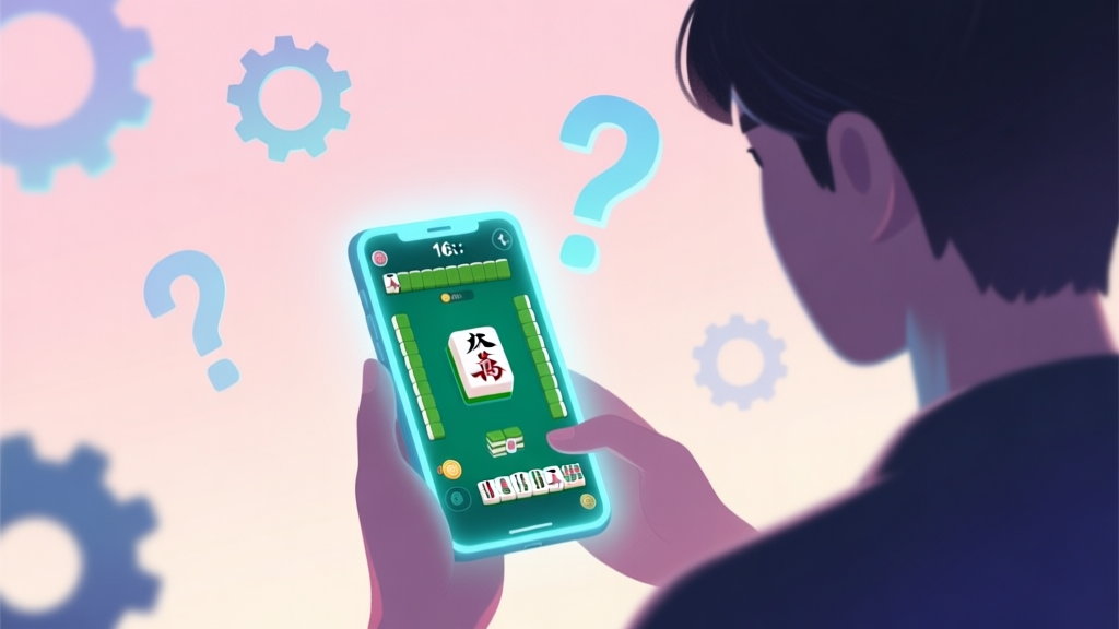 A person looking at a glowing smartphone screen showing a Mahjong tile game interface, with question marks and gears floating in the background, soft pastel colors, digital art style with a sense of mystery and inquiry high quality illustration, detailed, 16:9