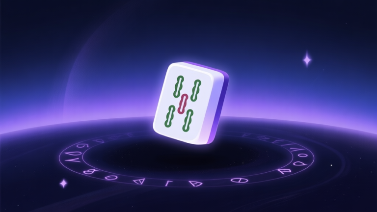 自动生成图片: A mysterious and elegant Mahjong tile floating in a dark, cosmic space with subtle glowing runes, soft purple and deep blue gradient background, ethereal and magical atmosphere, minimalist style high quality illustration, detailed, 16:9