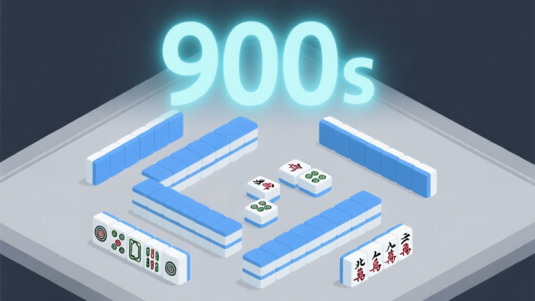 自动生成图片: A minimalist, top-down view of a Mahjong solitaire tile layout with a large, glowing countdown timer showing "900s" above it, soft blue and grey color scheme, clean lines, abstract pressure visualization high quality illustration, detailed, 16:9