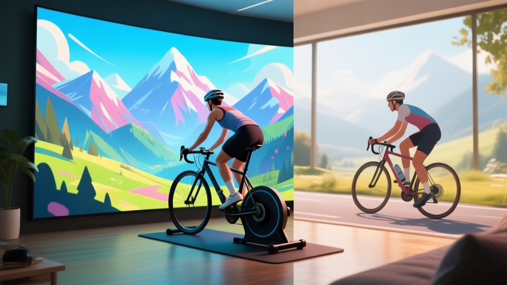 A split-screen image showing a person riding a bike trainer indoors with a vibrant virtual mountain landscape on a large screen, contrasted with a real-world cycling scene, soft natural lighting, digital art style high quality illustration, detailed, 16:9