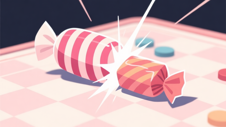 自动生成图片: A close-up, stylized illustration of a striped candy and a wrapped candy merging together on a soft pastel game board, with subtle motion lines indicating a powerful combo, minimalist and clean design high quality illustration, detailed, 16:9