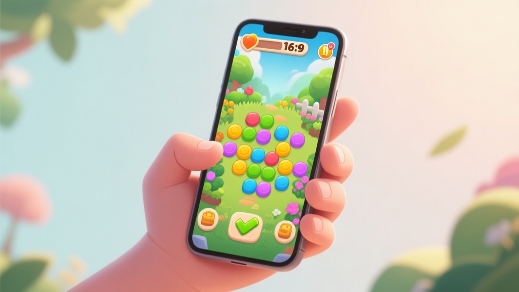 A frustrated hand holding a smartphone displaying a colorful garden match-3 puzzle game on a difficult level, with a low move counter and complex obstacles, soft natural lighting, pastel color palette high quality illustration, detailed, 16:9