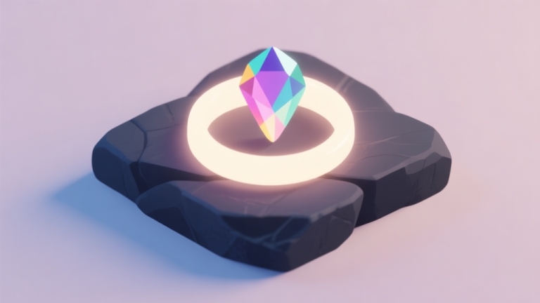 自动生成图片: A minimalist isometric view of a glowing ring with a colorful gemstone on a dark stone pedestal, soft magical light emanating from it, clean lines, pastel color palette, digital illustration style high quality illustration, detailed, 16:9