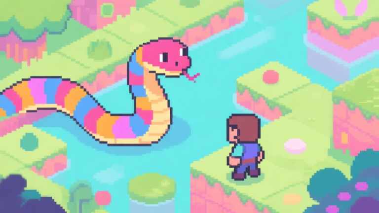 自动生成图片: A vibrant, stylized pixel-art scene of a colorful snake winding through a lush game level, with a player character cautiously observing, soft pastel color palette, clean and friendly video game illustration style high quality illustration, detailed, 16:9