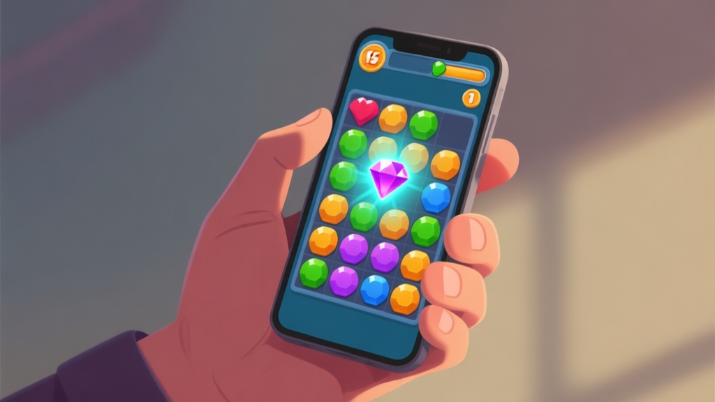 A frustrated hand holding a smartphone showing a colorful match-3 puzzle game screen with a glowing jewel piece about to be activated, soft shadows, muted game interface colors, subtle sense of tension high quality illustration, detailed, 16:9