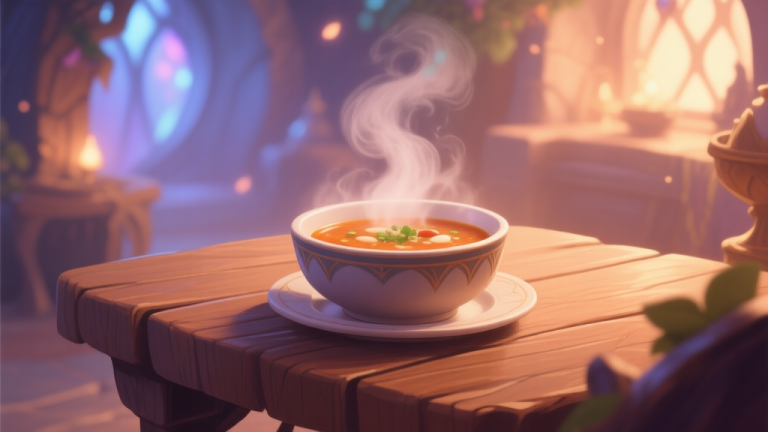 自动生成图片: A cozy, inviting scene of a steaming bowl of soup on a wooden table in a fantasy game setting, soft magical glow, warm and soft color palette, digital painting style high quality illustration, detailed, 16:9