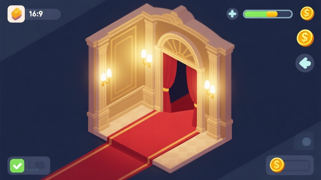 A serene, elegant isometric illustration of a grand ballroom entrance with soft glowing lights, a red carpet, and subtle game UI elements like a progress bar and currency icons in the corners, using a muted color palette of gold, deep red, and navy blue high quality illustration, detailed, 16:9