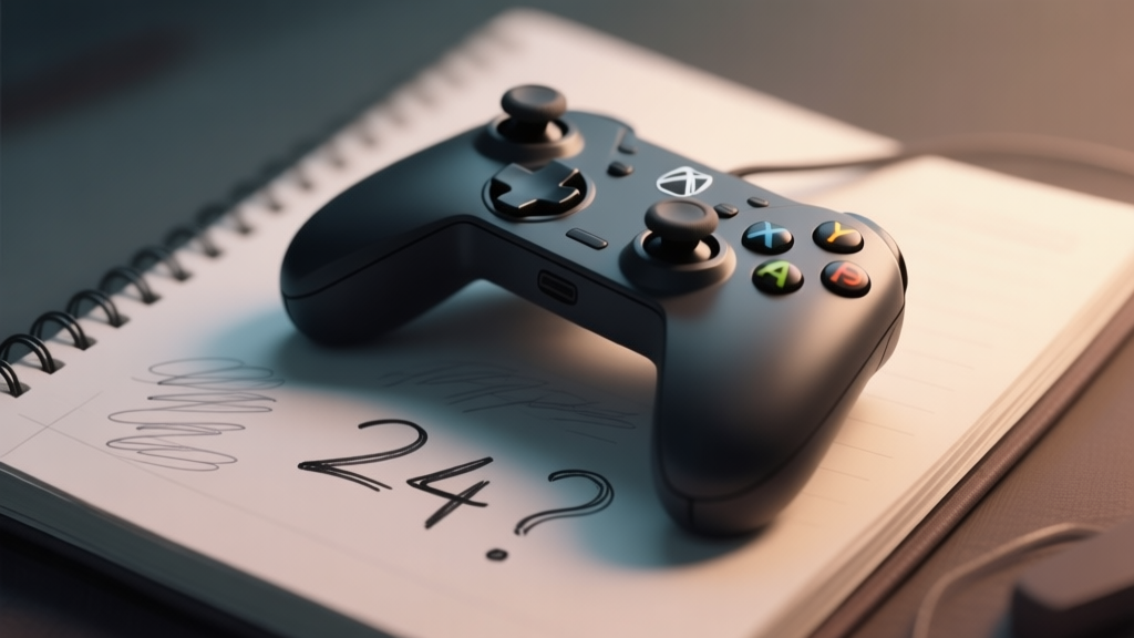 A close-up of a game controller resting on a notebook with a scribbled "24?" and question marks, soft ambient lighting, muted color palette, focusing on the mystery and contemplation high quality illustration, detailed, 16:9