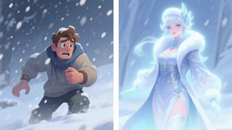 自动生成图片: A split-screen illustration showing a game character struggling in a snowstorm with basic clothes versus another character glowing with confidence in a glamorous winter outfit, soft cool color palette, digital painting style, clean composition high quality illustration, detailed, 16:9