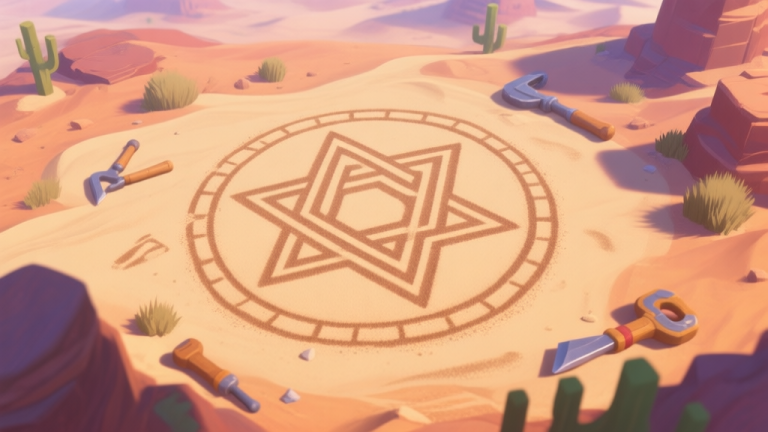 自动生成图片: A top-down view of a vibrant game world showing a detailed sand painting on the ground, depicting a complex geometric symbol, surrounded by desert landscape and simple crafting tools, digital art style with soft lighting high quality illustration, detailed, 16:9
