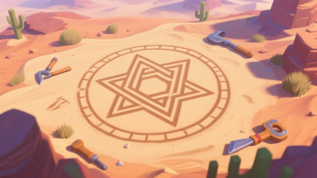 A top-down view of a vibrant game world showing a detailed sand painting on the ground, depicting a complex geometric symbol, surrounded by desert landscape and simple crafting tools, digital art style with soft lighting high quality illustration, detailed, 16:9