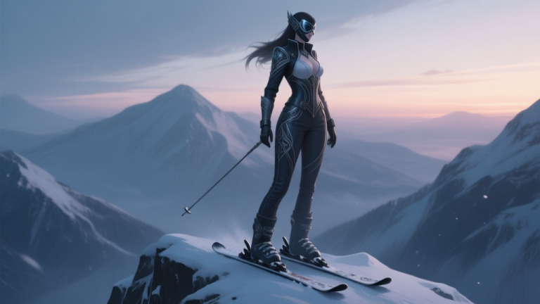 自动生成图片: A mysterious female video game character in an elegant ski suit and mask, standing on a snowy mountain peak at dusk, digital art style with cool color tones and soft lighting, focused on the intricate design of the costume high quality illustration, detailed, 16:9