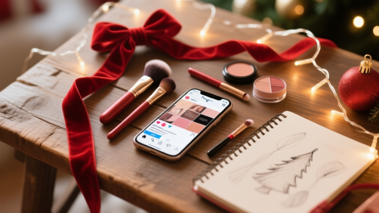 自动生成图片: A beautifully arranged flat lay of Christmas content creation tools on a rustic wooden table, including a smartphone displaying an Instagram feed, makeup brushes, red velvet ribbons, fairy lights, and a notebook with aesthetic sketches, soft natural lighting, warm and cozy Christmas color palette, shallow depth of field high quality illustration, detailed, 16:9