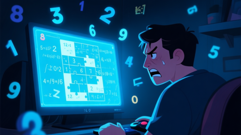 自动生成图片: A frustrated gamer looking at a complex mathematical puzzle on a glowing in-game screen, with numbers and symbols floating in the air, dark room ambiance with soft blue light from the monitor high quality illustration, detailed, 16:9