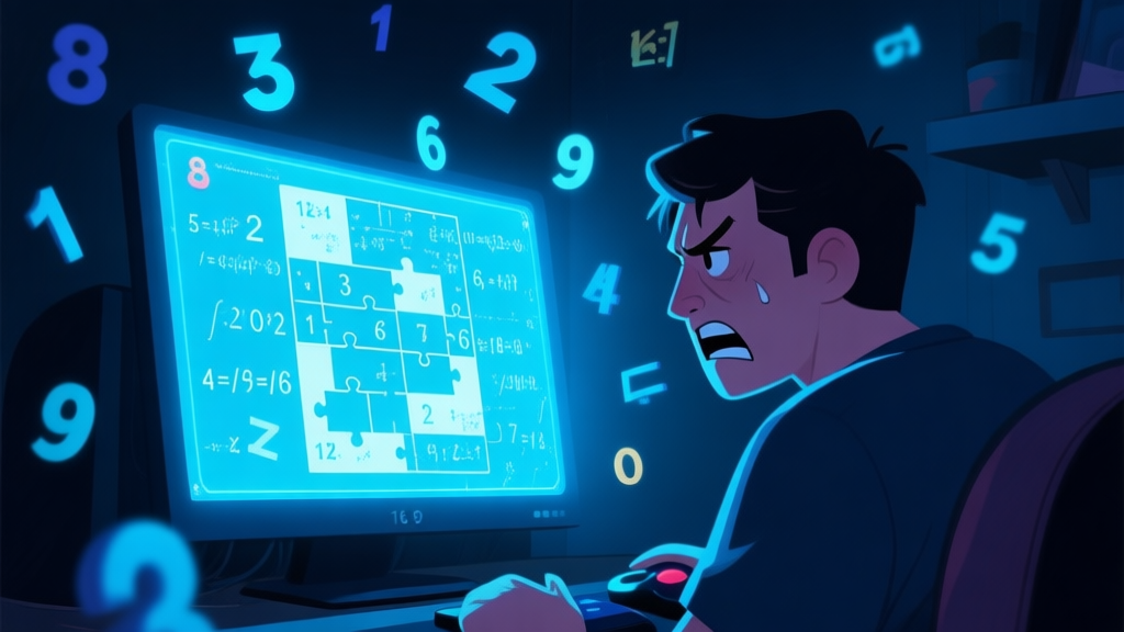 A frustrated gamer looking at a complex mathematical puzzle on a glowing in-game screen, with numbers and symbols floating in the air, dark room ambiance with soft blue light from the monitor high quality illustration, detailed, 16:9
