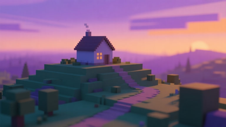 自动生成图片: A serene, isometric view of a blocky landscape at dusk, with soft gradients of purple and orange in the sky, a simple house on a hill, and a winding path leading into the distance, minimalist voxel art style high quality illustration, detailed, 16:9