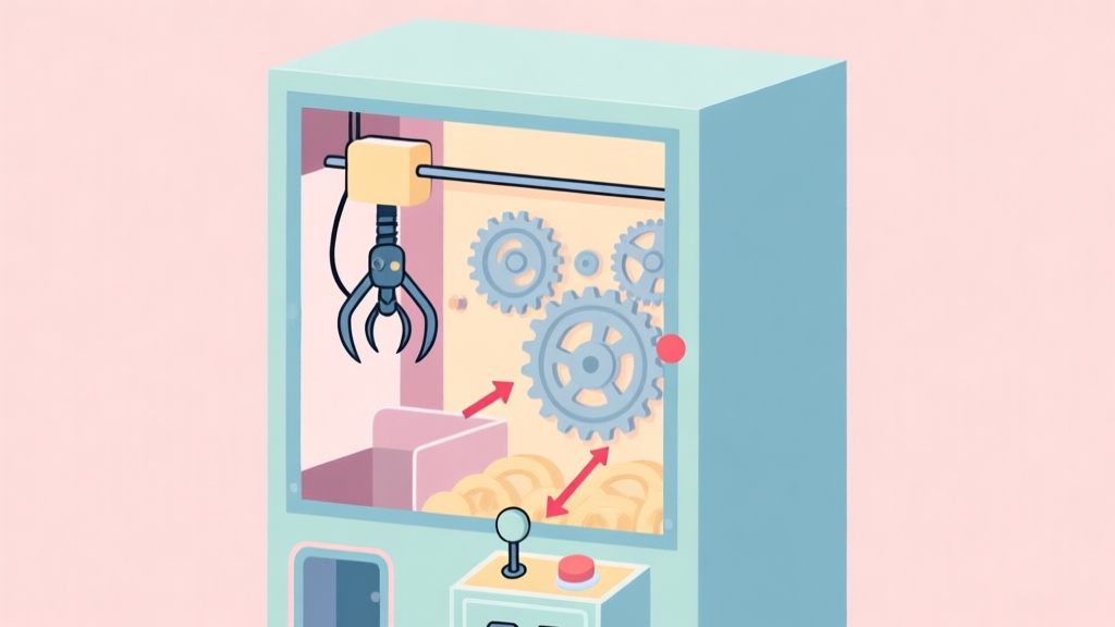 A detailed, illustrative cross-section of a claw machine cabinet in soft pastel colors, showing the internal mechanics, gears, and the claw's grip mechanism, with arrows indicating weak and strong grip points, in a clean educational diagram style high quality illustration, detailed, 16:9