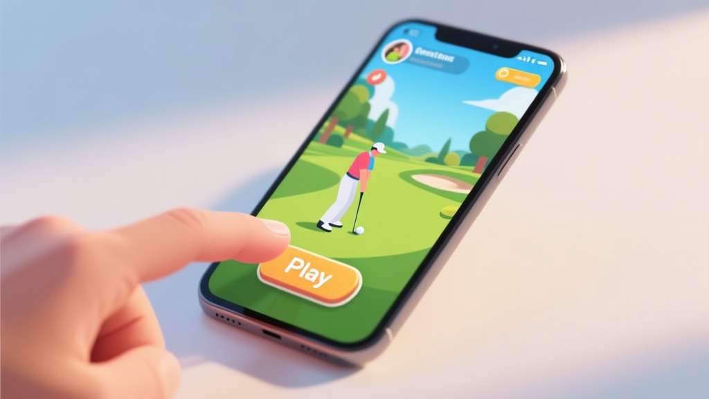 A smartphone screen showing a colorful and inviting golf game interface, with a finger about to tap the "Play" button, soft natural lighting, clean and modern aesthetic high quality illustration, detailed, 16:9