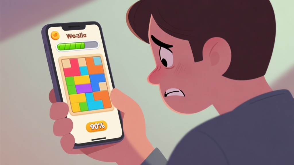 A frustrated person looking at a smartphone screen showing a colorful word puzzle game, with a progress bar stuck at 90%, soft lighting, muted colors, cartoon-style illustration high quality illustration, detailed, 16:9