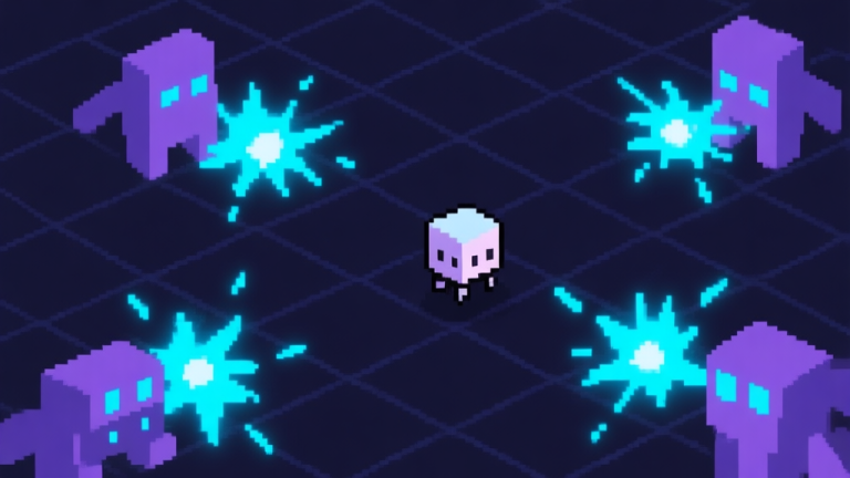 自动生成图片: A minimalist, top-down pixel art scene showing a small square character (the player) surrounded by geometric enemy shapes on a dark grid, with glowing particle effects representing attacks, soft neon color palette of blues and purples, clean and modern video game aesthetic high quality illustration, detailed, 16:9