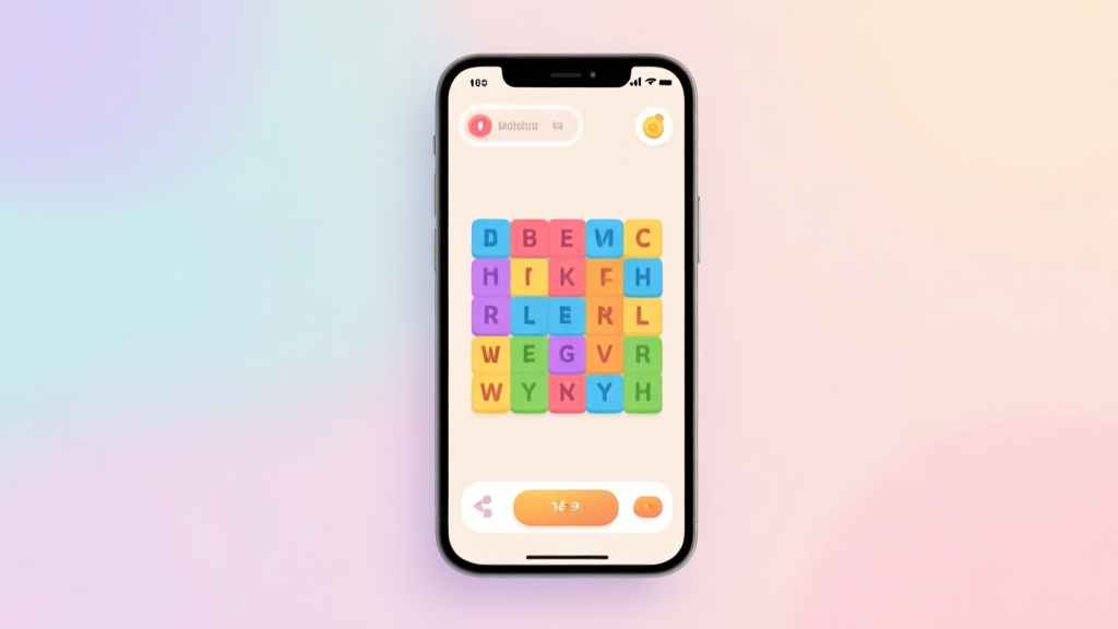 A clean, minimalist smartphone screen displaying a colorful word puzzle game interface with jumbled letters, soft pastel background, inviting and calm gaming atmosphere high quality illustration, detailed, 16:9