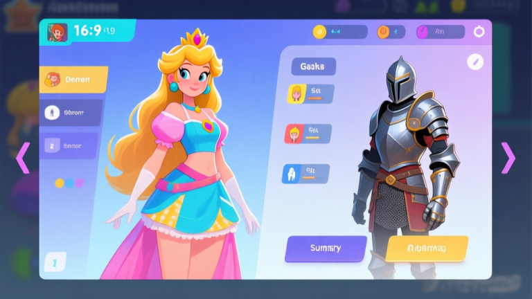 自动生成图片: A vibrant game character selection screen showing a princess in a stylish urban summer outfit next to one in default armor, highlighting the visual and stat difference, digital art style with a clean UI overlay high quality illustration, detailed, 16:9