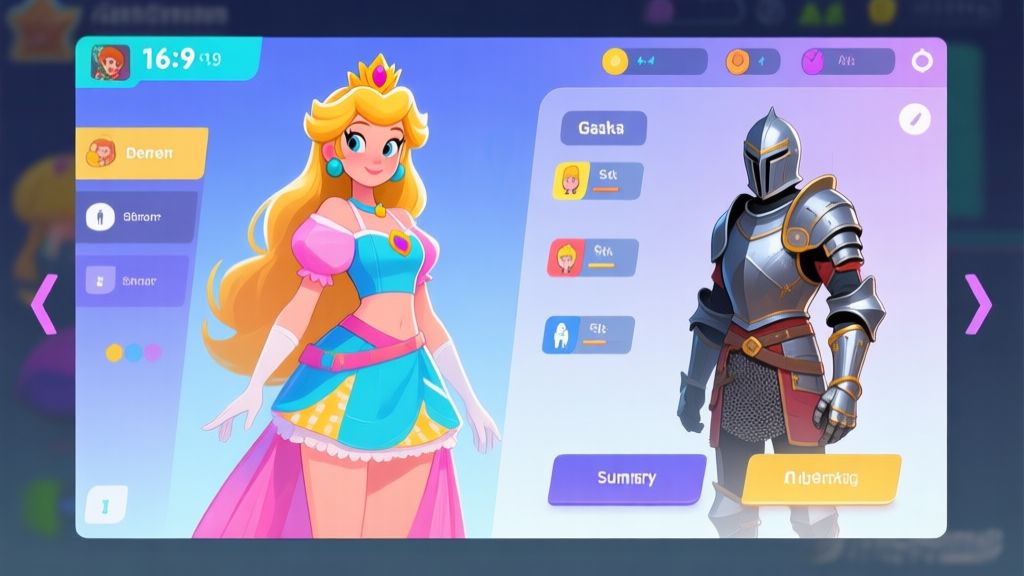 A vibrant game character selection screen showing a princess in a stylish urban summer outfit next to one in default armor, highlighting the visual and stat difference, digital art style with a clean UI overlay high quality illustration, detailed, 16:9
