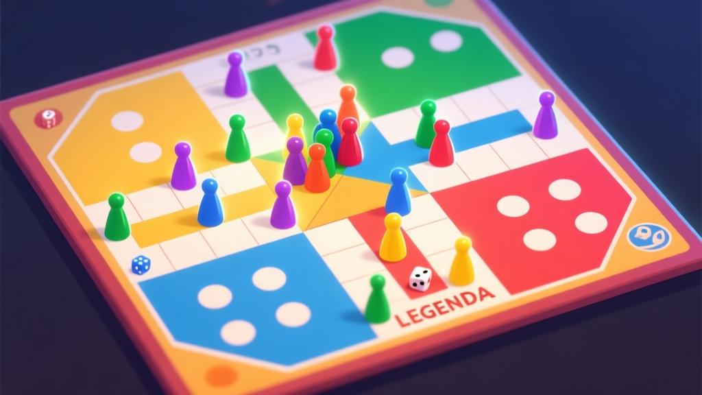 A top-down view of a vibrant Ludo Legenda game board in mid-play, with colorful tokens strategically positioned, some blocking paths, others nearing home. The visual is clean, modern, with a slight glow on strategic pieces, emphasizing tactical positioning over random dice rolls. high quality illustration, detailed, 16:9